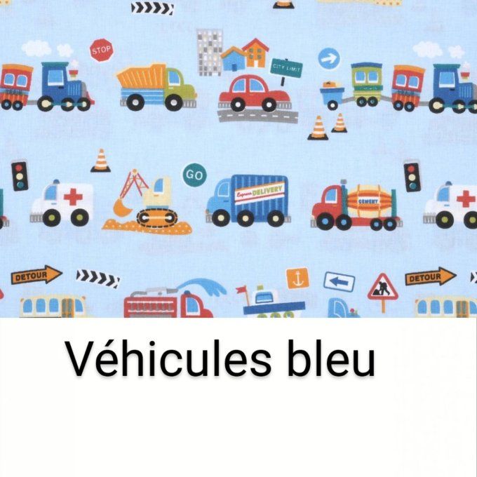 bavoir cantine motifs véhicules unis bleu éponge grise